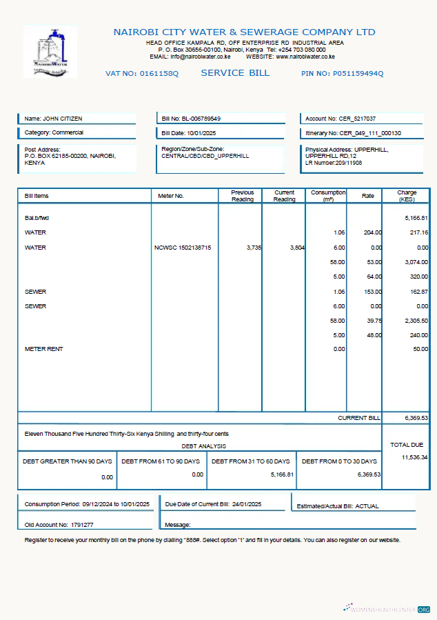 download Kenya Nairobi City Water and Sewerage Company utility bill template in Word and PDF formats PDF template